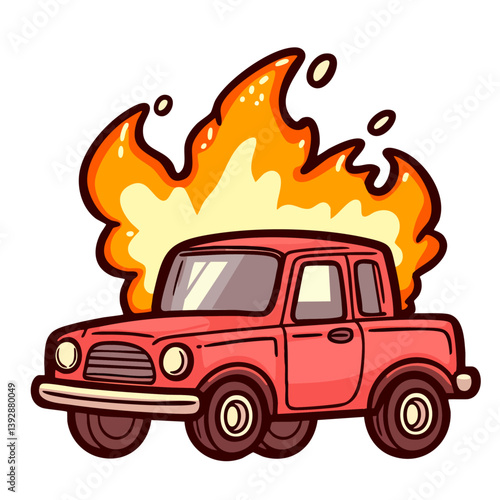 Passenger car on fire, red truck burning in flames, hand drawn doodle cartoon clip art, isolated simple vector illustration