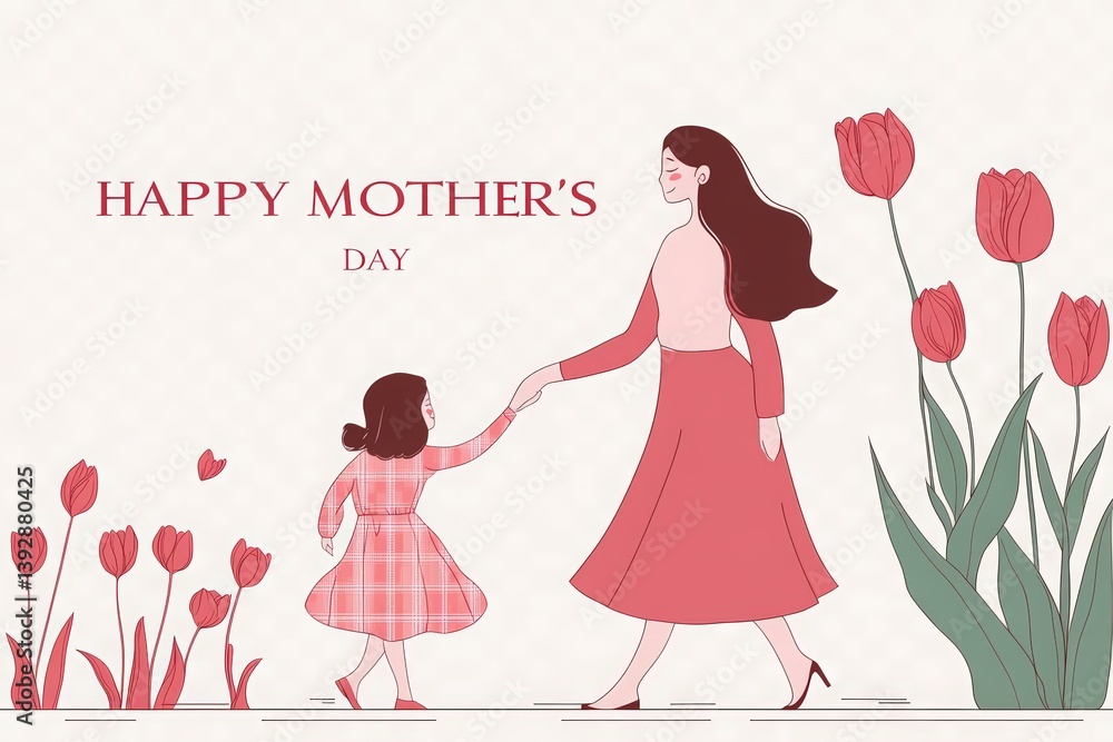 minimalist mother and daughter line art with pink tulips. Happy Mother’s Day vector illustration minimalist mother and daughter line art with pink tulips. Happy Mother’s Day vector illustration