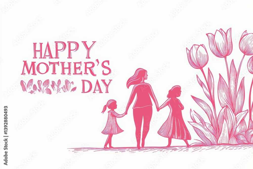 minimalist mother and daughter line art with pink tulips. Happy Mother’s Day vector illustration minimalist mother and daughter line art with pink tulips. Happy Mother’s Day vector illustration