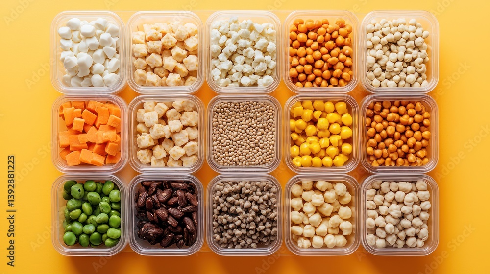A top-down view of a meal prep container with balanced macro-friendly meals. A top-down view of a meal prep container with balanced macro-friendly meals.