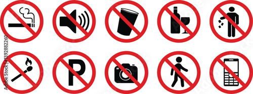Prohibition sign icon set. Restrictions public sign vector isolated on transparent background. Universally indicating restriction or prohibited symbols. Vector illustration.