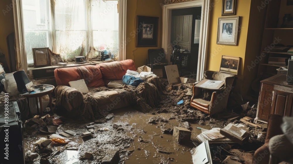 Flood water in house room. Water damage from flood disaster.