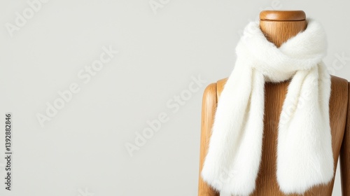 Rabbit Fur Production Concept, Elegant Handcrafted White Rabbit Fur Scarf Displayed on Wooden Mannequin Against Simple Background