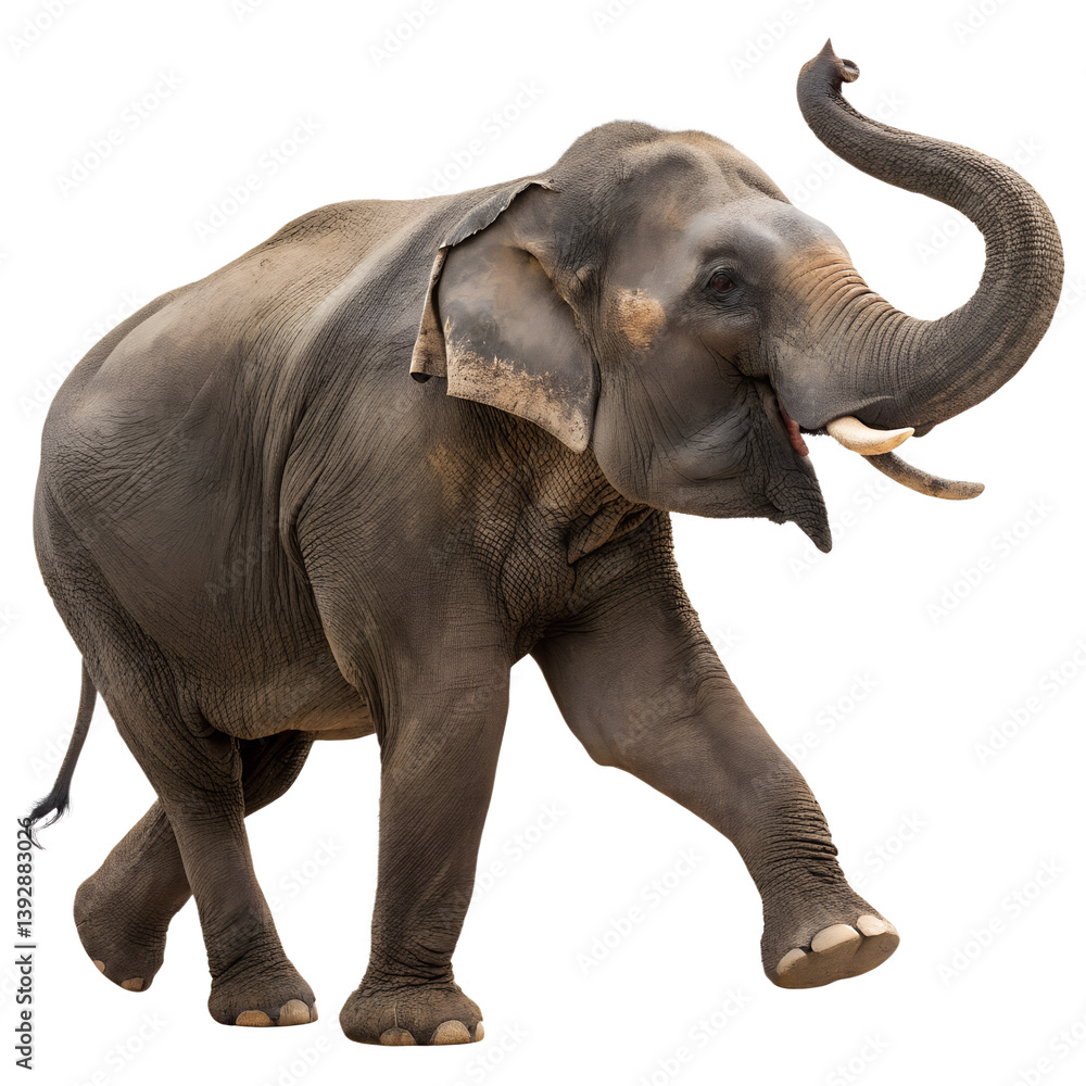 Obraz premium Asian Elephant in Motion Playful Pose with Raised Trunk on Transparent Background