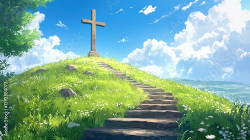 Path with stairs leading to Christian cross on hill, symbol of faith and hope, perfect for religious events and celebrations