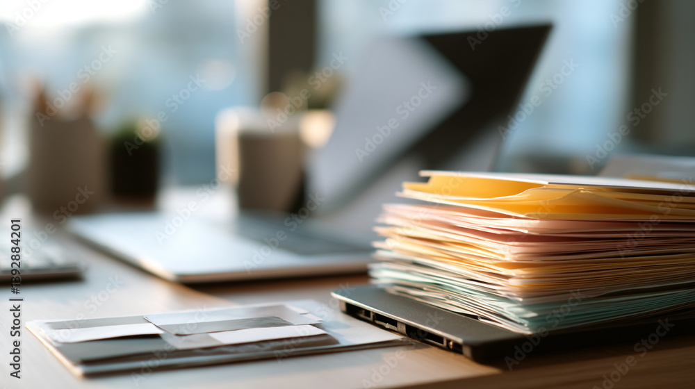 A stack of colorful files sitting on a desk next to a laptop and other office supplies A stack of colorful files sitting on a desk next to a laptop and other office supplies