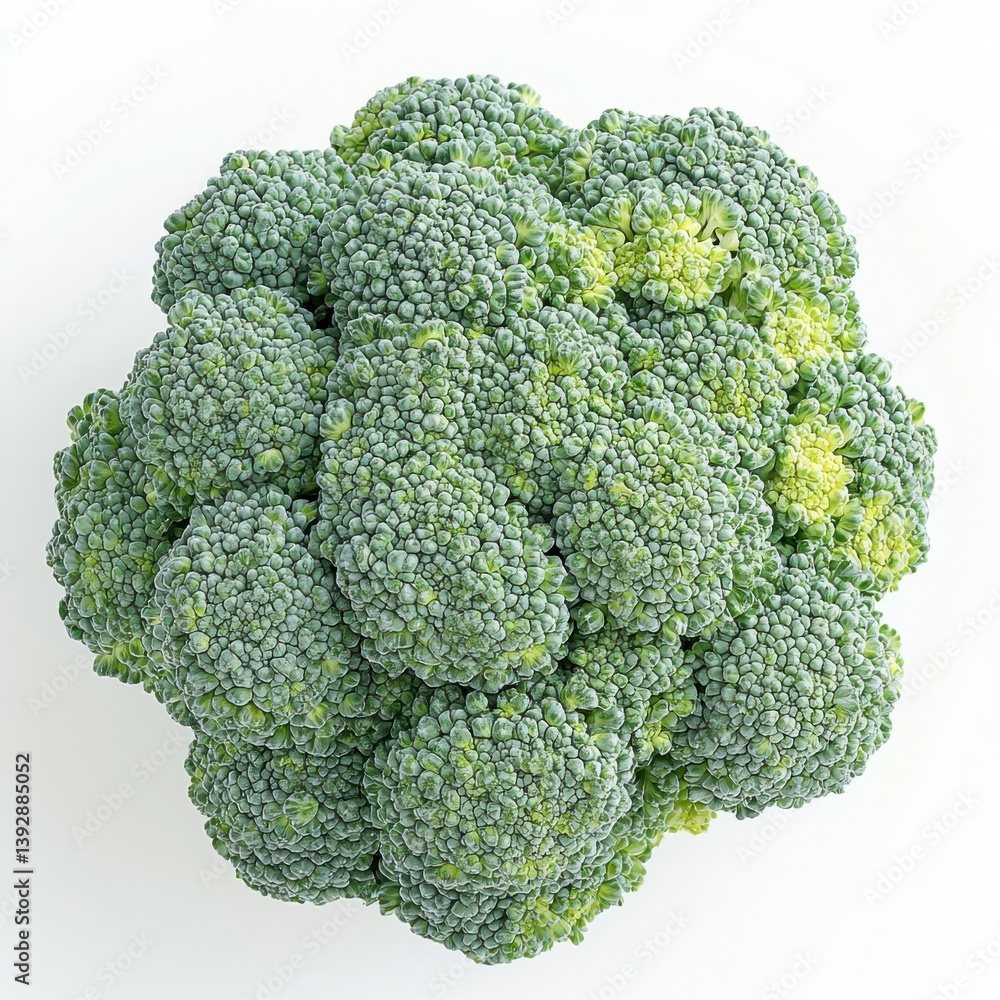 Close up view of a fresh green broccoli head isolated on white background Close up view of a fresh green broccoli head isolated on white background