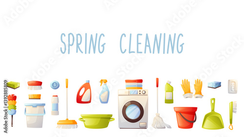 Rectangular banner, design element on the theme of spring cleaning. Cleaning kit, cleaning tools, cleaning agent, vector illustration. Spring cleaning, cleaning, cleanliness in the house.