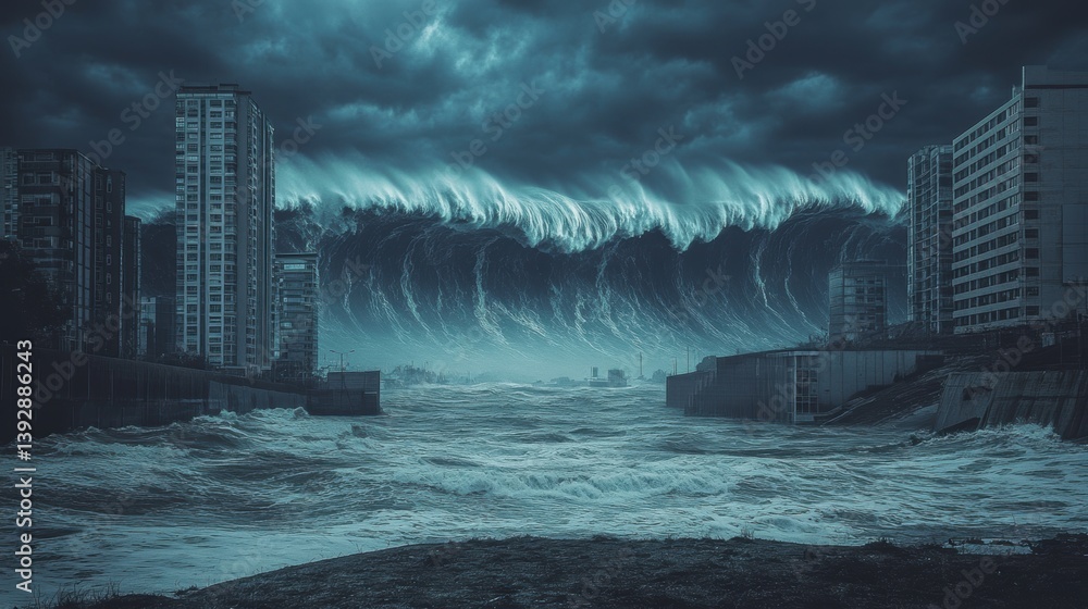 City buldings and giant tide wave ravaging coast town in a hurricane storm.