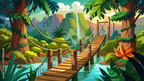 Wooden rope hung bridge in the middle of the jungle