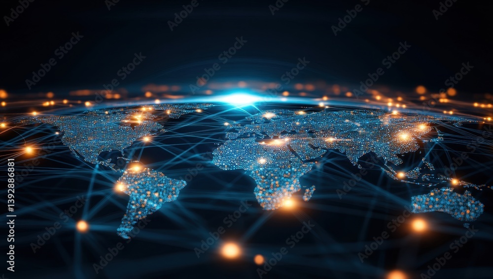 Digital map of the world with glowing connections between cities, representing global connectivity and data transfer across continents in a dark background, a data technology concept Generative AI Digital map of the world with glowing connections between cities, representing global connectivity and data transfer across continents in a dark background, a data technology concept Generative AI