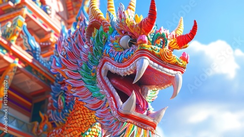 Wallpaper Mural Vibrant, ornate dragon sculpture with an open mouth and sharp teeth against a blue sky. Detailed and colorful architectural element Torontodigital.ca
