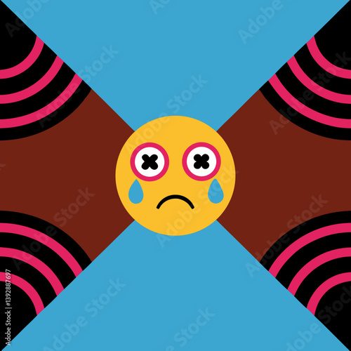 A heartbroken emoji cries tears of sorrow amidst a vibrant, geometric explosion of color and bold lines.