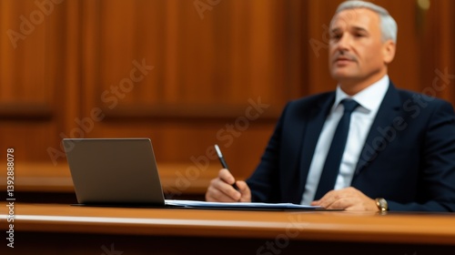 Parliament Law Legislation Concept, Professional Chairperson Leading Structured Discussion in Committee Setting with Laptop and Papers