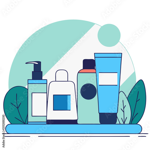 A refreshing skincare routine featuring a soothing lotion, a revitalizing cleanser, and a nourishing cream, all nestled on a minimalist tray with soft, calming teal accents.