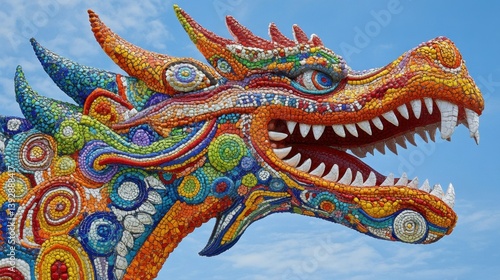 Wallpaper Mural A vibrant, mosaic dragon head with an open mouth revealing sharp teeth, set against a blue sky. Intricate patterns cover its scales and features Torontodigital.ca