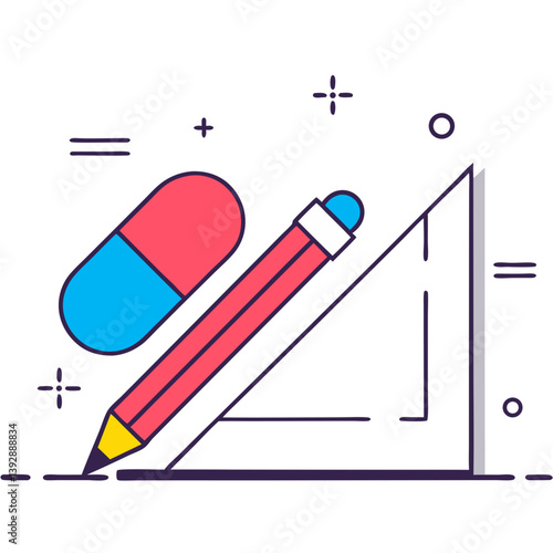 A vibrant pencil sketches a precise line onto a set square, accompanied by a playful pill, creating a dynamic and creative energy with bold lines and bright colors.