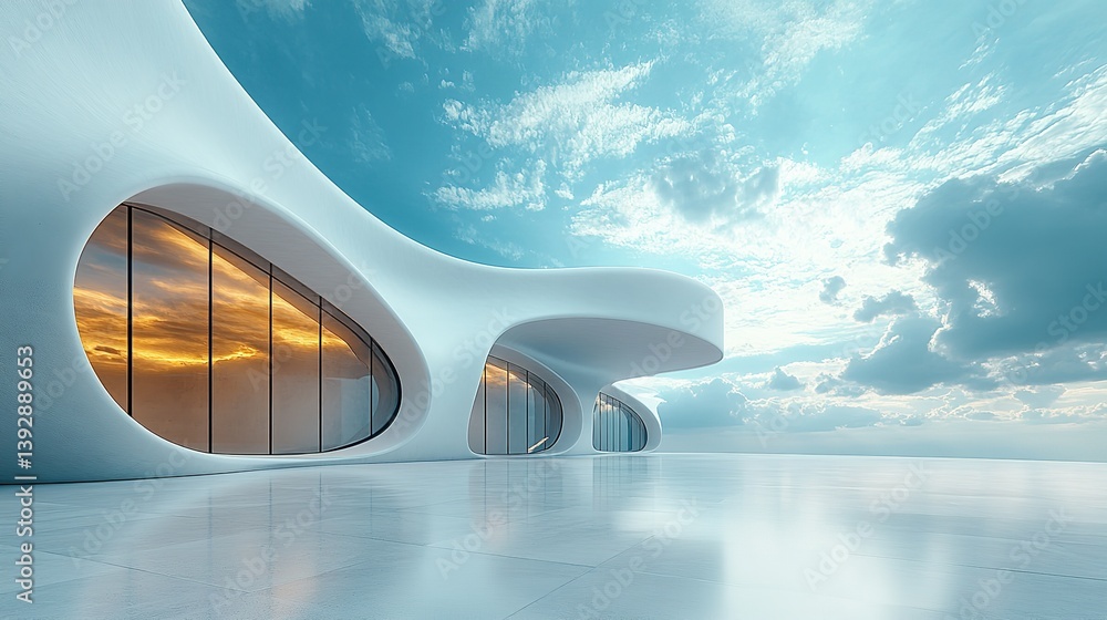Futuristic architecture design showcasing elegant white curves reflecting a vibrant sunset under a Futuristic architecture design showcasing elegant white curves reflecting a vibrant sunset under a