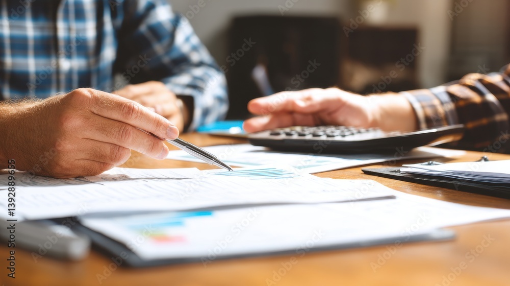Close-up of an accountant explaining tax details to a client with documents on a desk. Close-up of an accountant explaining tax details to a client with documents on a desk.