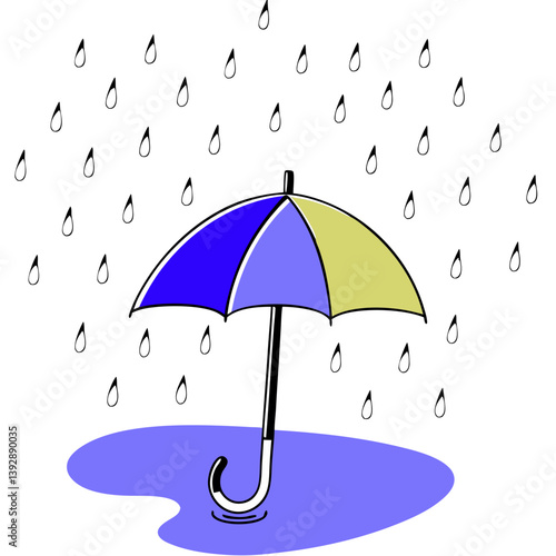 A comforting blue and yellow umbrella bravely facing a gentle rain shower, providing shelter from the downpour in a simple, charming illustration.