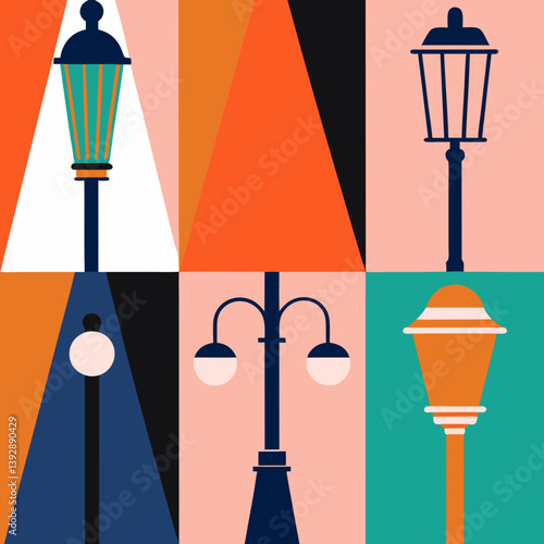 A vibrant collection of stylized streetlights illuminating a city at night with bold geometric shapes and a playful color palette.