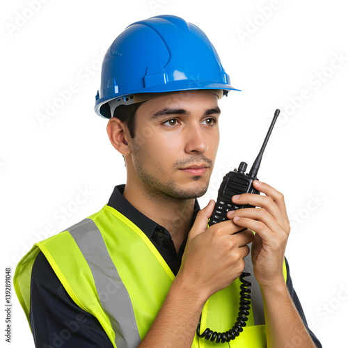 Construction supervisor with walkie-talkie