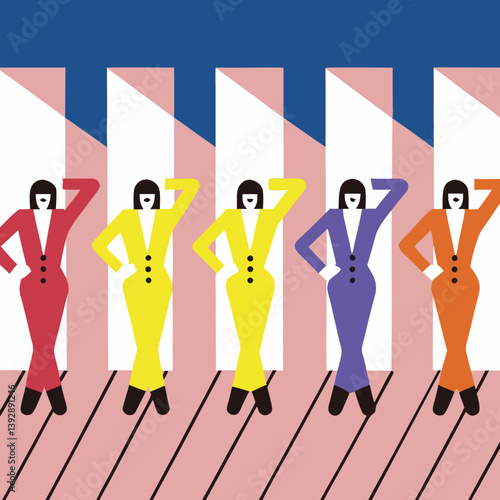 Five confident women in vibrant power suits striking a pose, showcasing bold colors and geometric lines against a pink and white backdrop.