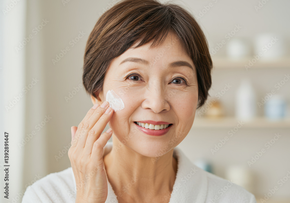 笑顔でクリームを塗るシニア女性のスキンケ 笑顔でクリームを塗るシニア女性のスキンケ