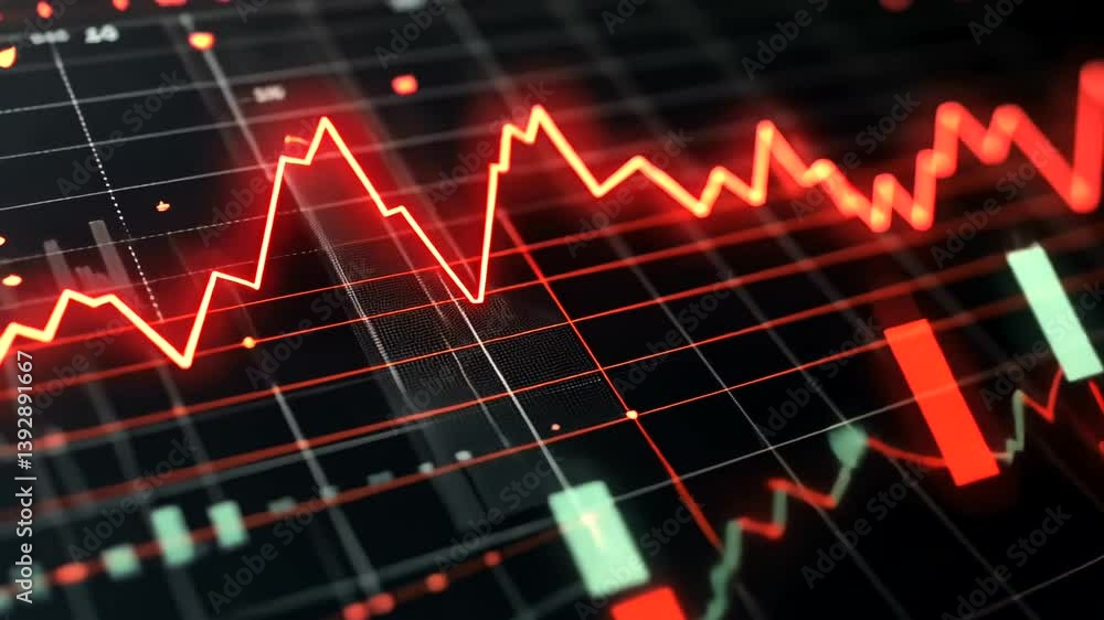 Abstract representation of fluctuating financial market trends with red and green candlestick charts Abstract representation of fluctuating financial market trends with red and green candlestick charts
