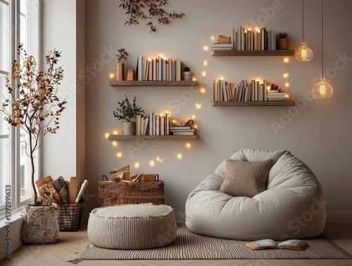 Cozy reading nook in a kids bedroom, featuring a soft bean bag, fairy lights, and floating bookshelves