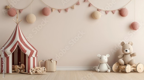 Circusinspired childrens room with redandwhite striped walls, vintage carnival toys, and fun decorations