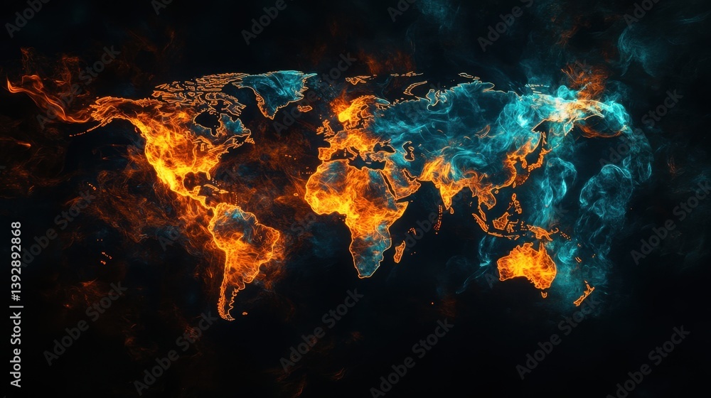 A vibrant world map rendered in fiery orange and cool blue energy, set against a dark, smoky background. It evokes a sense of global power and contrast A vibrant world map rendered in fiery orange and cool blue energy, set against a dark, smoky background. It evokes a sense of global power and contrast