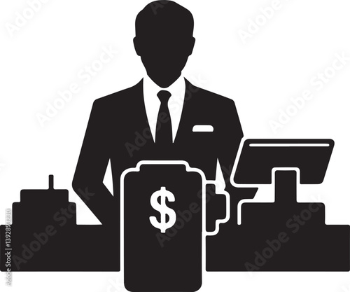 Silhouette of a cashier or businessperson behind a register payment terminal, representing financial transactions, sales, and retail services