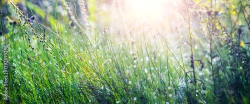 Obraz  z motywem Sunlight penetrates through various meadow grasses and flowers on a blurred backgrou