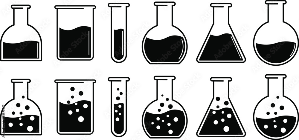 Fototapeta premium Chemical laboratory icon set. Chemical flask, beaker, test tube vector symbol isolated on transparent background. Ideal for science, chemistry, and research-themed projects. Vector illustration.