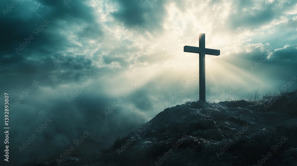 Christian cross on hill with dramatic sky background for easter and good friday remembrance concept Christian cross on hill with dramatic sky background for easter and good friday remembrance concept