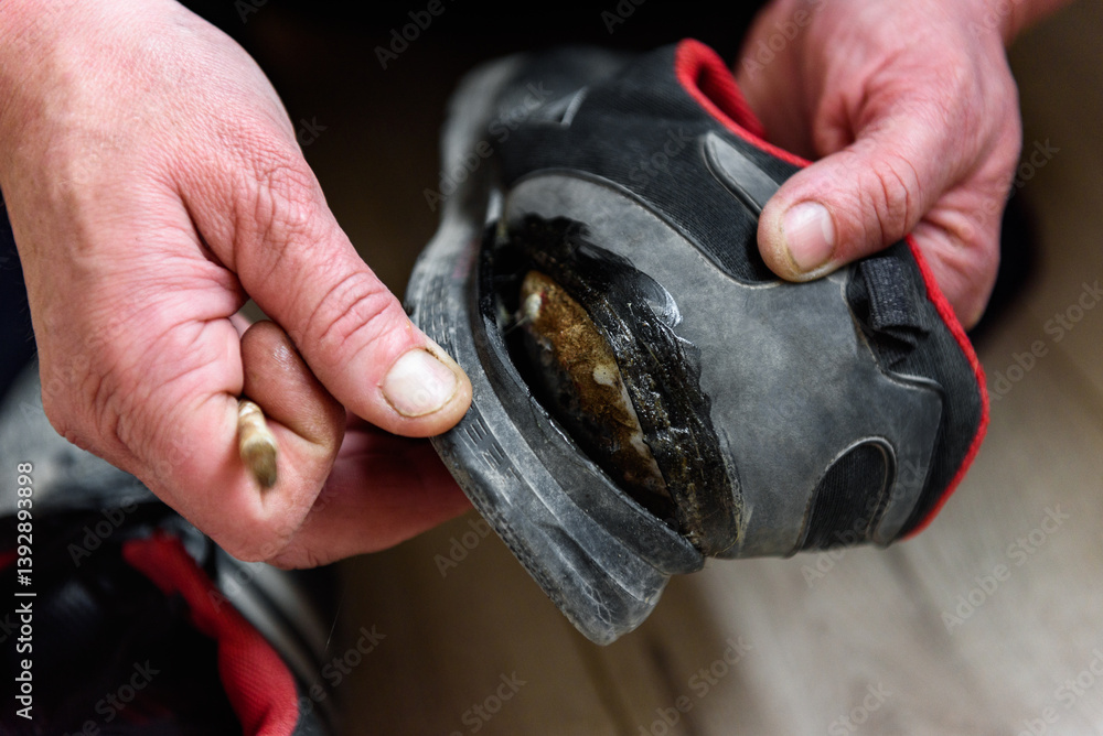Hands gluing together torn used shoes in home.