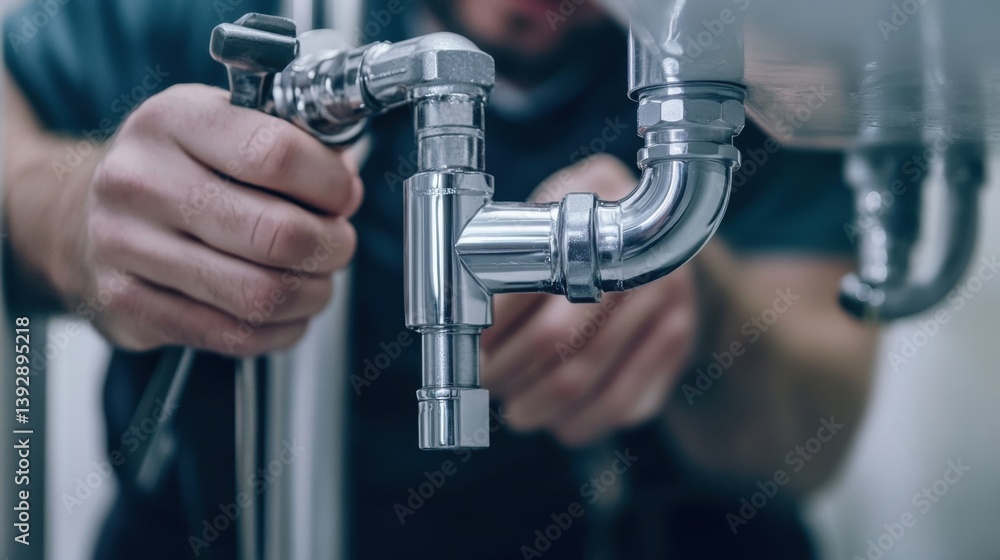 A plumber tightening pipes under a kitchen sink. Featuring expertise and focus A plumber tightening pipes under a kitchen sink. Featuring expertise and focus