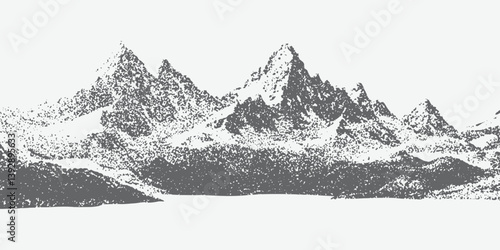 Abstracted dotted mountain range with a pointillist grunge texture. mounted landscape with grainy noise