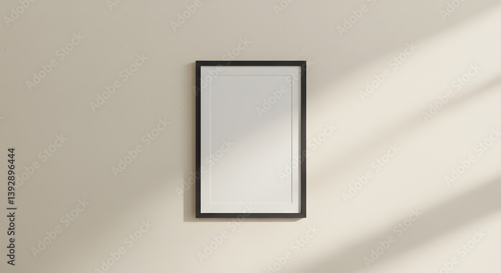 A minimalist black frame with white space hanging on a light beige wall with soft shadows cast on it A minimalist black frame with white space hanging on a light beige wall with soft shadows cast on it