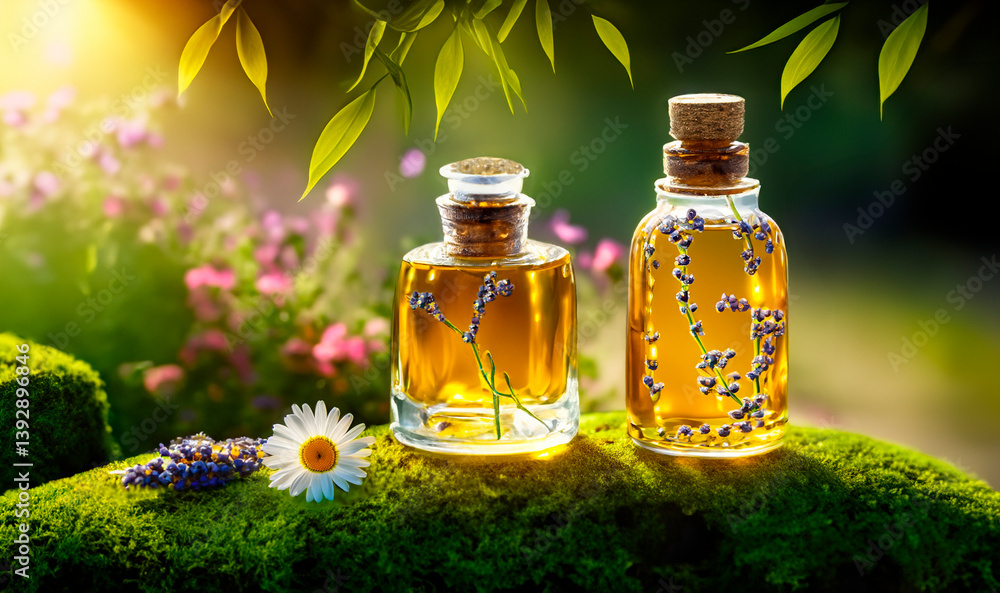 Essential oil with lavender flowers