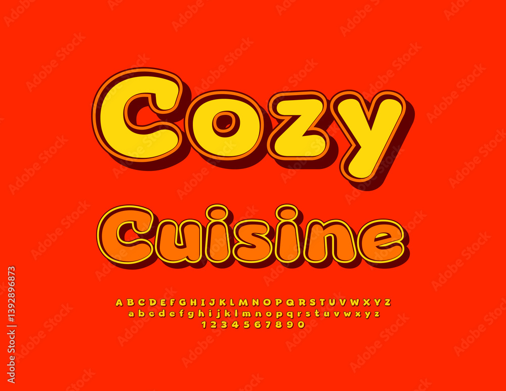 Vector Cooking poster Cozy Kitchen. Cute Artistic Font. Bright Round Alphabet Letters and Numbers set Vector Cooking poster Cozy Kitchen. Cute Artistic Font. Bright Round Alphabet Letters and Numbers set