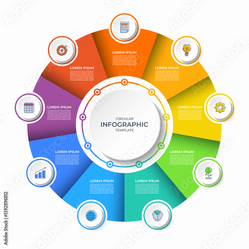 Infographic circular diagram with 9 options. Vector process chart that can be used for business presentation, analytics, marketing materials, visualizing data, report, educational resources.