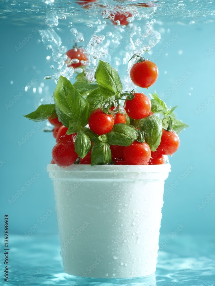 Floating Cherry Tomatoes and Basil Leaves Over a White Container on Blue. Floating Cherry Tomatoes and Basil Leaves Over a White Container on Blue.