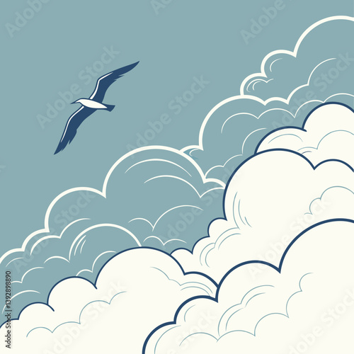 White and transparent clouds float across a clear blue sky as a bird soars gracefully, creating a serene and peaceful vector illustration.