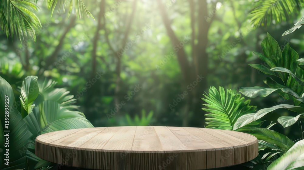 Empty round wooden table displaying products surrounded by lush tropical plants Empty round wooden table displaying products surrounded by lush tropical plants
