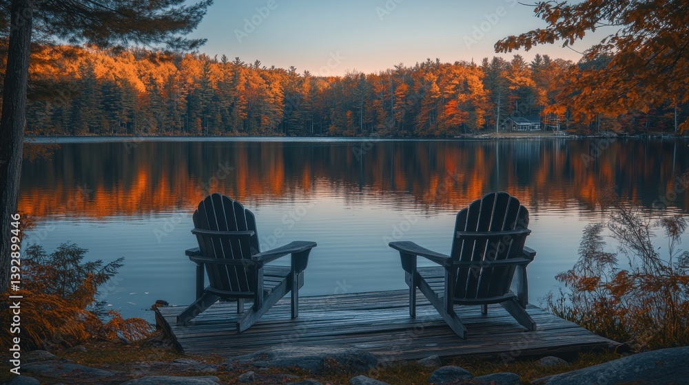Fototapeta premium Serene autumn lake scene with Adirondack chairs