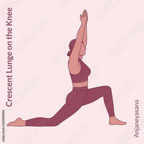Crescent Lunge on the Knee pose. Young woman practicing yoga exercise. Woman workout fitness, aerobic and exercises. 