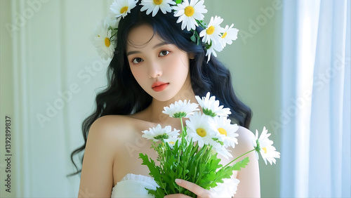 Woman with Daisy Bouquet and Flower Crown