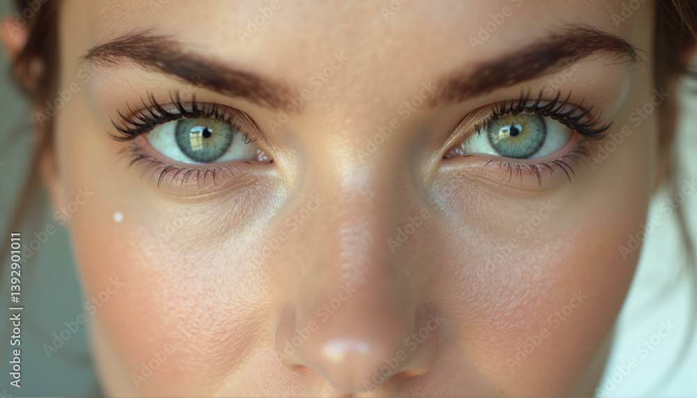 Obraz premium Woman with green eyes closeup. Beautiful female face with intense gaze, attractive portrait of girl with mysterious look and vivid eye color